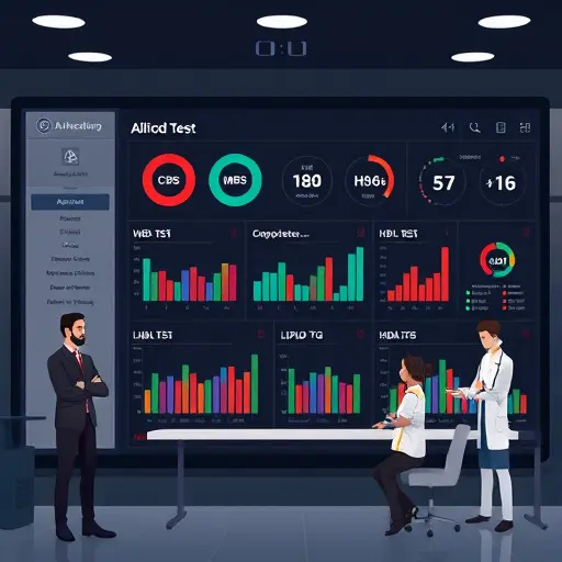 clean animated dashboard illustrating AI blood test interpretation: CBC (WBC, Hb, MCV), glucose (FBS, HbA1c), lipid profile (LDL, HDL, TG);