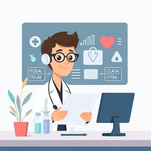 illustration of an AI assistant analyzing a lab report with medical icons (test tubes, blood drop, thyroid icon, heart)