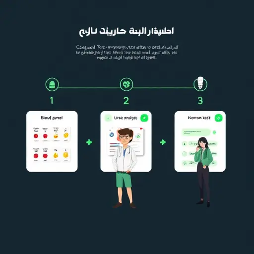 step-by-step illustration showing three cards: blood panel, urine analysis, hormone tests, AI icons connecting them, dark theme, green accents, clean, text-free, no real people
