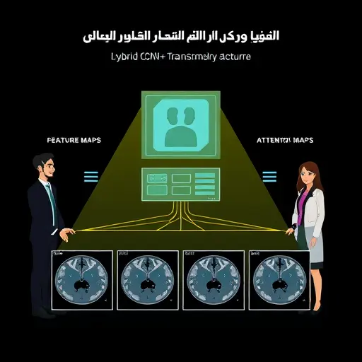 animated hybrid CNN+Transformer architecture schematic, highlighting feature maps and attention heads over medical scan slices, minimalist illustration, dark background, no text