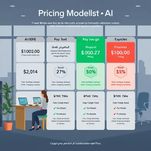 animated infographic illustrating pricing models for AI services: subscription, pay-as-you-go, freemium, project-based, performance-based;