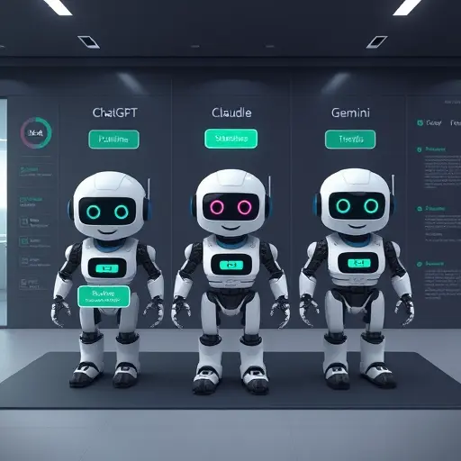 animated comparison illustration of three AI models (ChatGPT, Claude, Gemini);; text-free; professional; --ar 16:9
