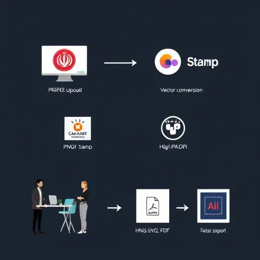 animated diagram showing multimodal AI pipeline: logo upload -> vector conversion -> high-DPI stamp export (PNG, SVG, PDF), minimal style, tech icons, dark background, text-free