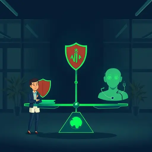 abstract illustration of pros and cons balance scale for medical AI, shield and stethoscope icons, dark theme, green accent #94d3a2, clean, text-free