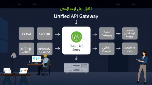 animated diagram showing unified API gateway routing requests to multiple AI engines: OpenAI GPT-4o, Anthropic Claude 3, Gemini Pro, DALL-E 3 image generation, and voice-to-