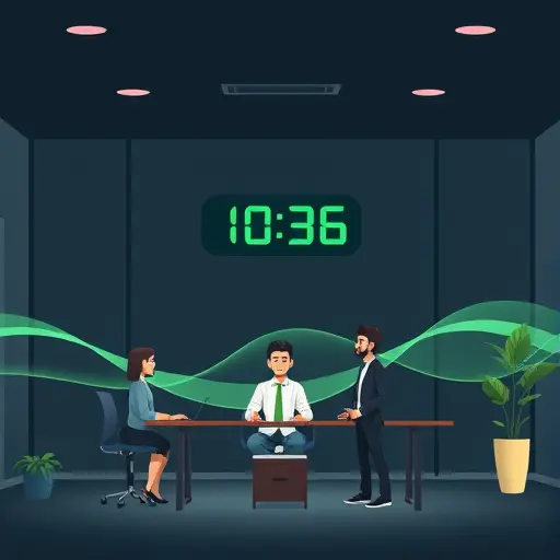 cartoon style visualization of deep breathing exercise, flowing waves representing inhale and exhale, timer icons, minimal clean UI, dark background with accent green, no text
