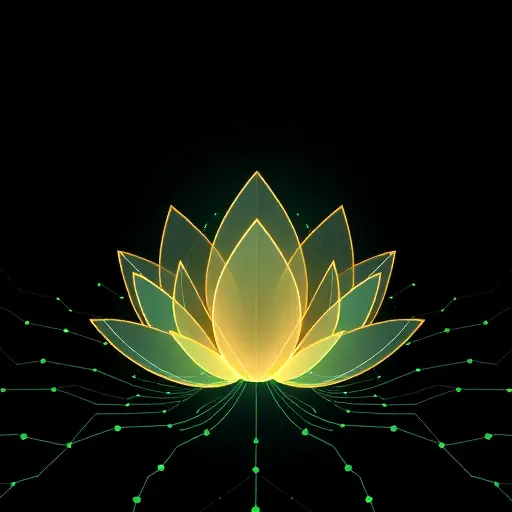 abstract illustration combining a lotus flower and neural network lines, symbolizing AI-assisted mindfulness, minimalist, cinematic lighting, text-free, dark theme with green accents
