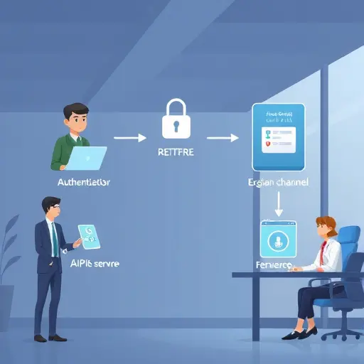 illustrated flowchart showing a secure AI API call: user → authentication gateway (lock icon) → encrypted channel (HTTPS) → AI API server →