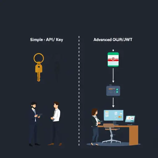 animated illustration: compare simple API key authentication (one key, lock symbol) vs. advanced OAuth/JWT flow (token exchange, multi-step, API gateway)