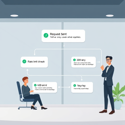 animated flowchart of API request lifecycle, showing request sent, rate limit check, 429