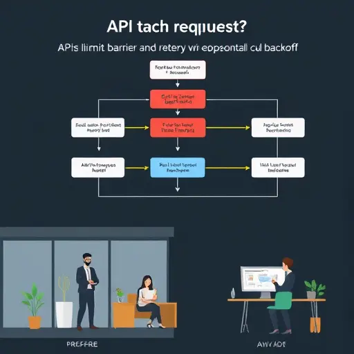 animated flowchart diagram showing API requests, rate limit barrier and error handling, retry path with exponential backoff, cartoon style, dark background, no text