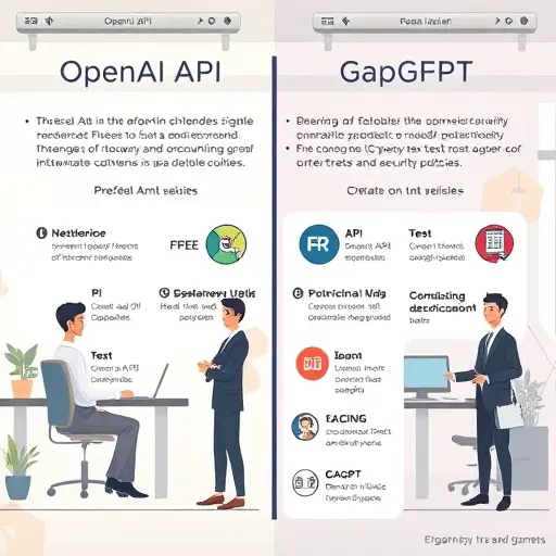 side-by-side comparison infographic of OpenAI API vs GapGPT API quotas and security policies, cartoon icons for Iranian context, animated, text-free