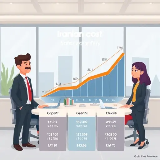cartoon style infographic showing monthly cost projection for different API providers (GapGPT, OpenAI, Gemini, Claude)