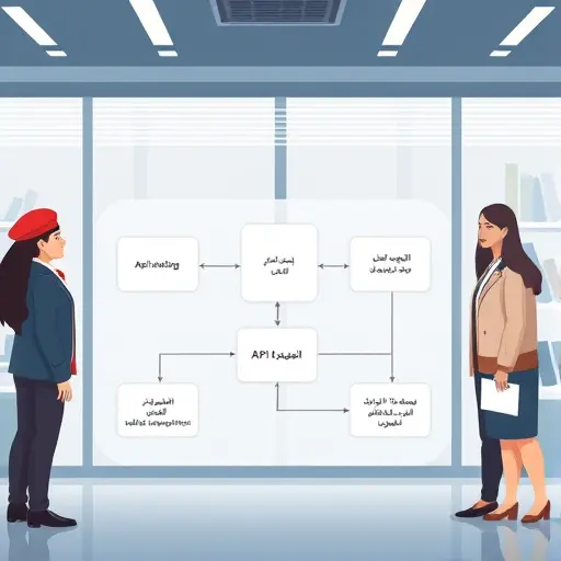 abstract animated diagram showing API request flow with caching and error handling, technology-