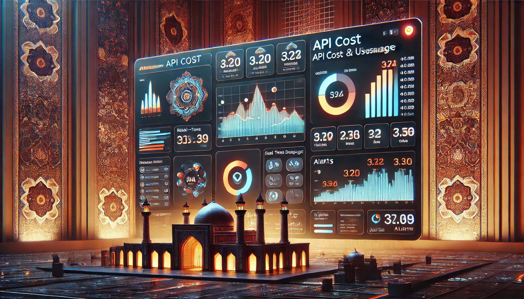 animated dashboard UI illustration for API cost and usage monitoring, showing graphs, alerts, and real-