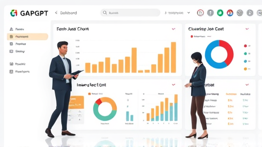 dashboard interface illustration showing GapGPT API token consumption analytics, clustering job cost breakdown, animated pie charts and notification icons, no text