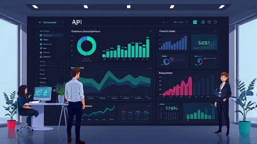 animated illustration of an advanced API analytics dashboard, showing usage charts, cost breakdowns, and real-