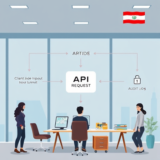 cartoon style diagram showing API request flow: client side input validation, encrypted HTTPS tunnel, DeepSeek API endpoint, audit log icons, Iranian themed accents, text-free