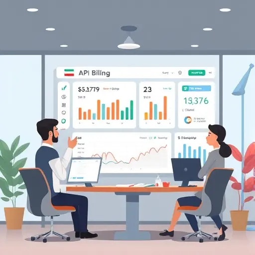 API billing dashboard illustration, animated interface showing usage stats, real-