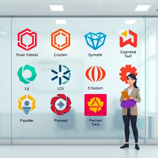 animated panel displaying different logo styles: symbol, text-based, abstract, 3