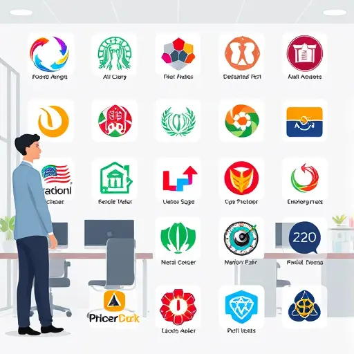 cartoon style illustration of various logo designs, AI-