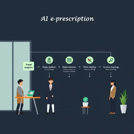 abstract workflow diagram of AI e-prescription steps, numbered icons for data collection, model selection, prompt engineering, validation, secure sharing; minimalist illustration, dark background with green accents, no text