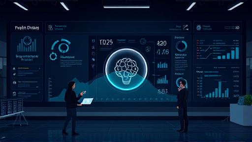 animated illustration of artificial intelligence analyzing data, futuristic dark-