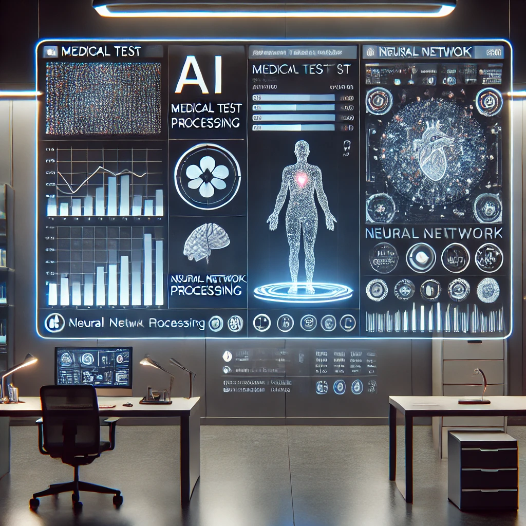 modern AI dashboard visualizing medical test data, neural network processing, animated charts, dark themed interface, clean text-free design