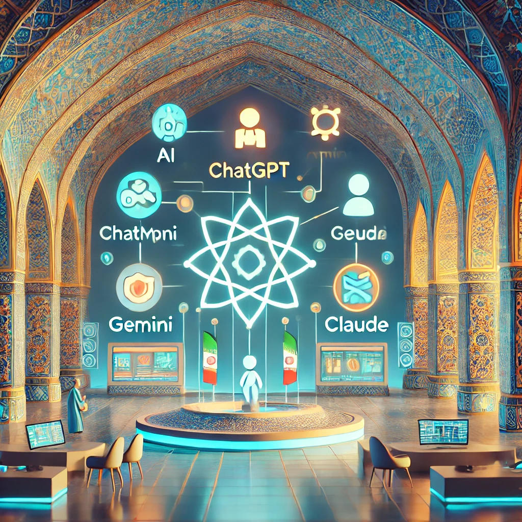 technology animation showing multiple AI model icons (ChatGPT, Gemini, Claude) connected to an Iranian themed digital platform, no text