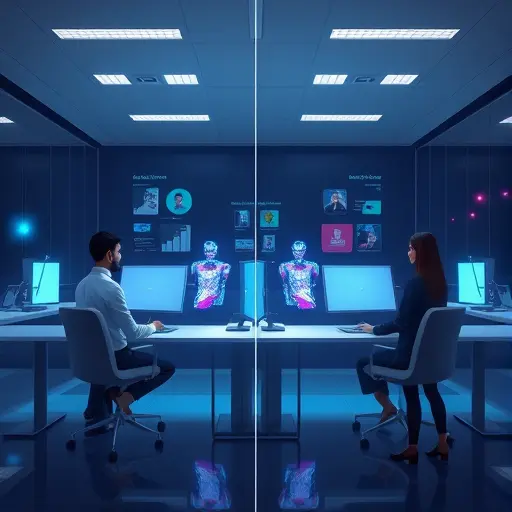 abstract illustration of AI algorithms enhancing photo quality, showing before and after comparison, futuristic technology style, glowing elements, clean, no text