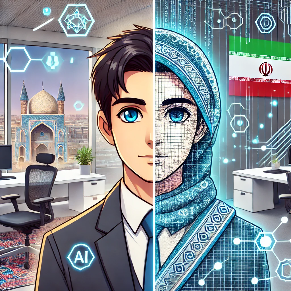cartoon-style digital illustration representing the AI process of converting a real photo into anime, showing a split image: