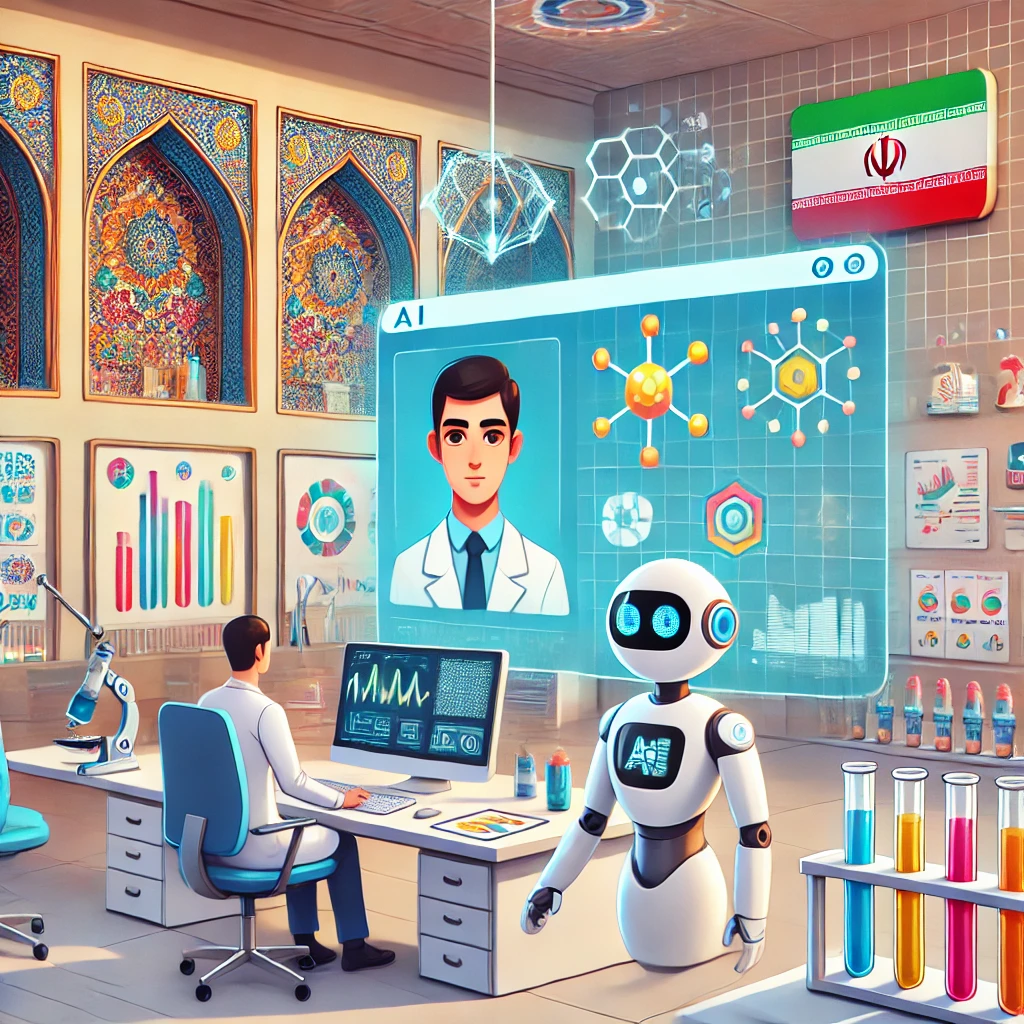 modern cartoon-style illustration showing an AI analyzing medical test data with colorful charts, lab tubes, and a neural network interface, clean and text-free