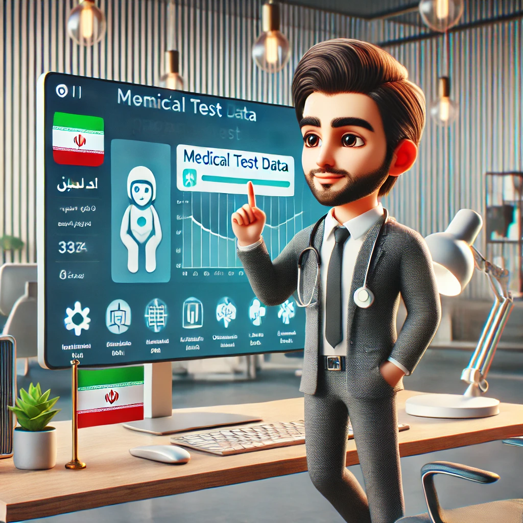 (cartoon style) of an Iranian user uploading medical test data to an AI platform, showing ease-of-use and clean design, no text