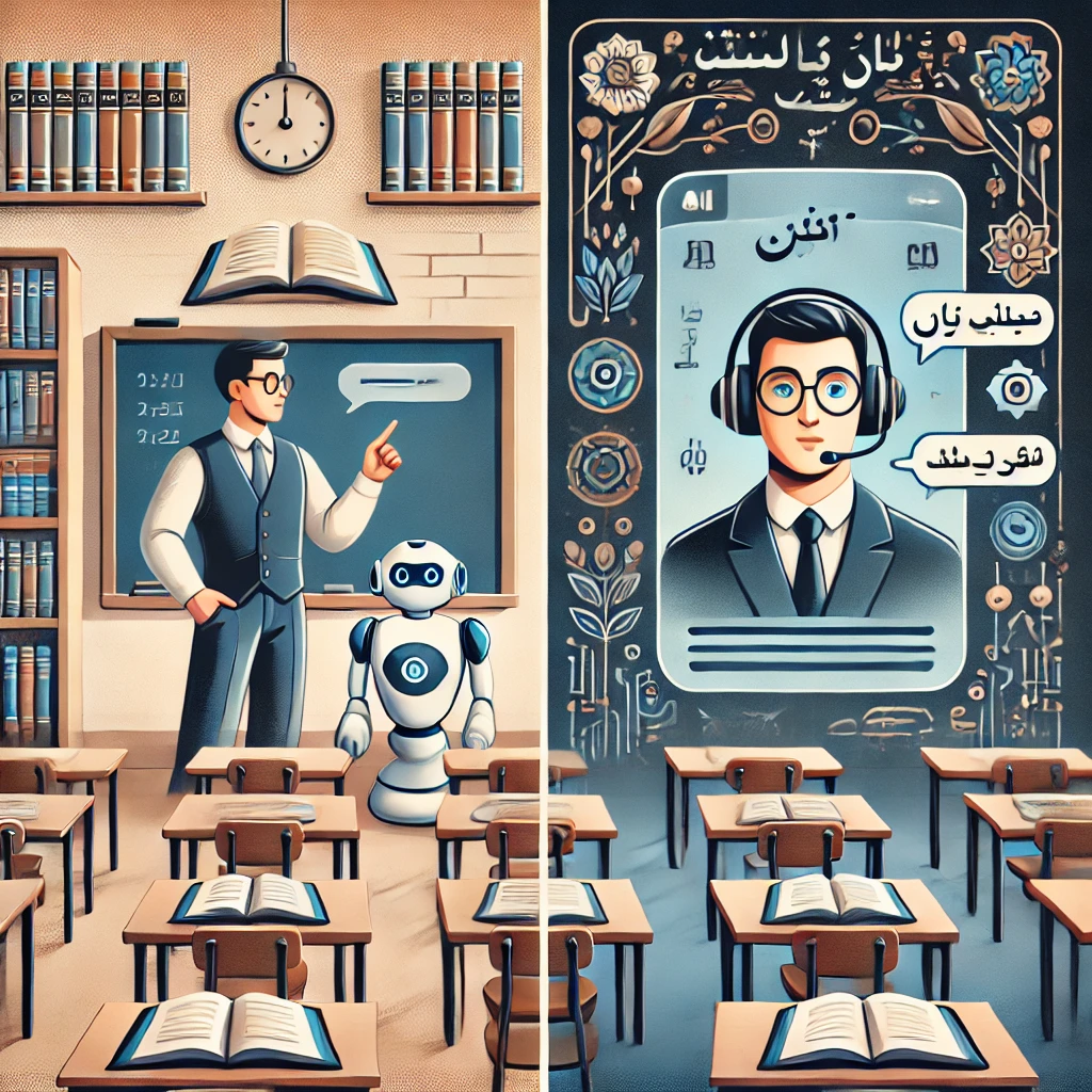 illustration showing a comparison between traditional classroom and AI-