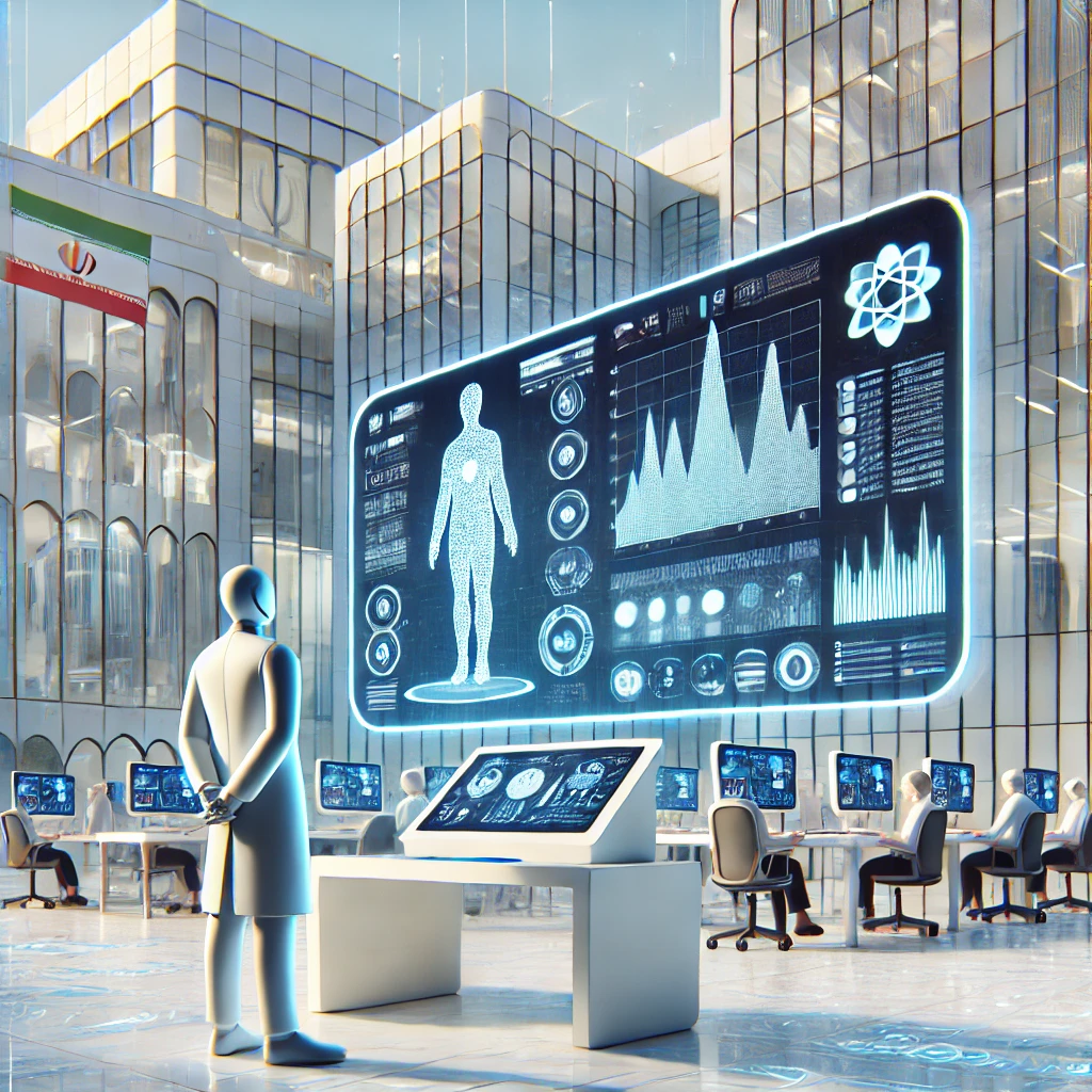 futuristic illustration of artificial intelligence analyzing medical test results, data flowing, digital interface, cartoon style, text-free