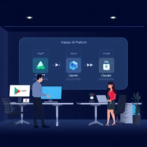 professional animated illustration showcasing an Iranian AI platform with multiple model icons (ChatGPT, Gemini, Claude)