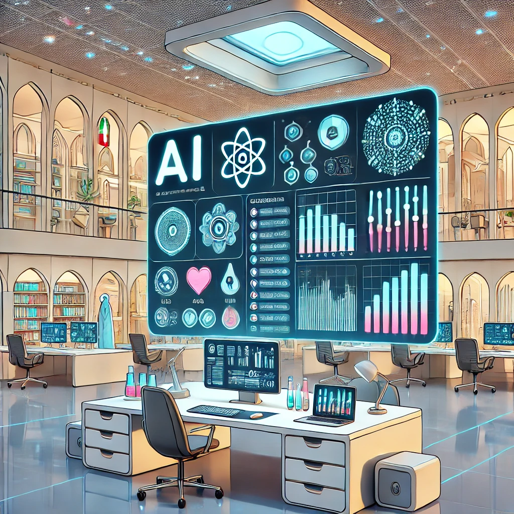 cartoon-style illustration of a high-tech AI dashboard interpreting medical lab results, glowing data charts, and futuristic AI symbols, clean background, text-free