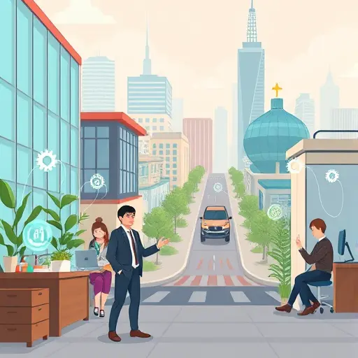 cartoon-style city scene with animated AI elements subtly integrated into daily life, like smart home, chatbots, automation icons, vibrant colors, no text