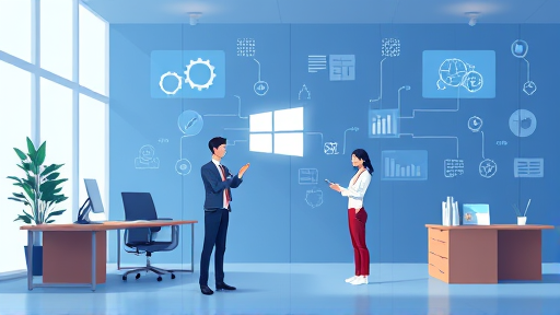 abstract animated image representing artificial intelligence improving workflow efficiency on Windows OS, illustrated style, symbols of automation and productivity, text-free