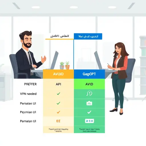 cartoon style infographic showing API comparison;; GapGPT section highlighted green, tech icons, no text
