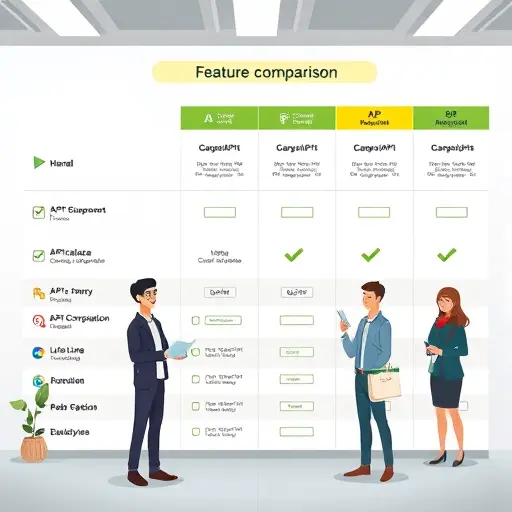modern API feature comparison chart, animated checklists for GapGPT, ChatGPT, Claude, Gemini, cartoon style, Iranian software theme, green accents, text-free