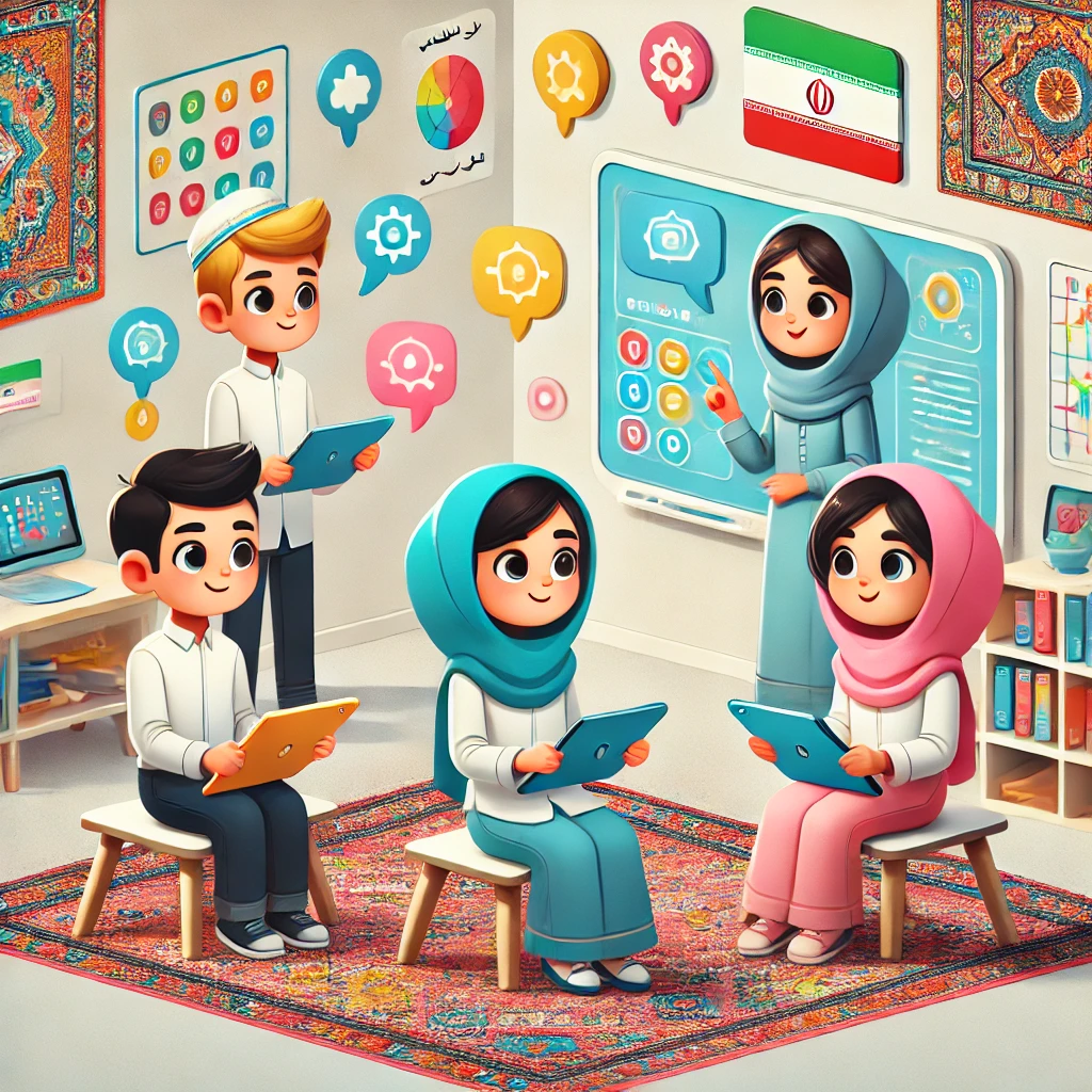 cartoon style illustration of children using tablets and AI-