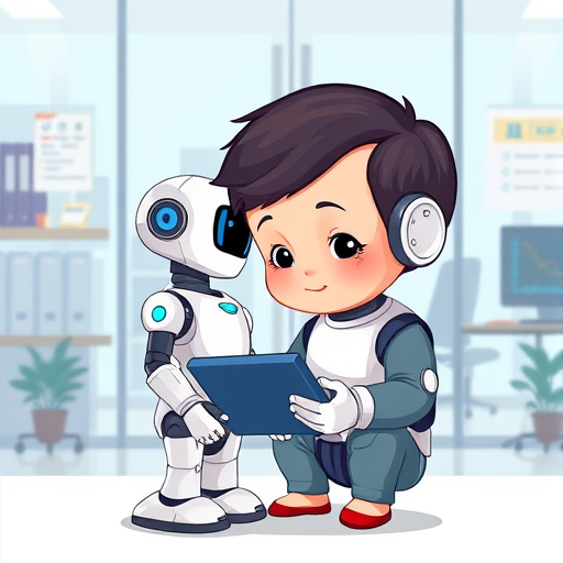 cartoon illustration showing a child interacting with a friendly AI robot on a digital tablet, vibrant colors, no text, playful and educational