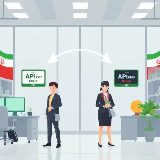 modern API architecture illustration showing two paths: one with VPN//green accent colors, text-free, symbolic style