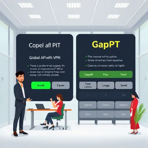 comparison table UI design, side-by-side dark cards, one labeled “Global API with VPN”, one “GapGPT API Local”