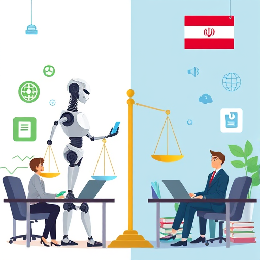 abstract digital illustration with AI robot icons, philosophy symbols, scales and books, comparing two different platforms, using color contrast (one side green, one side blue)