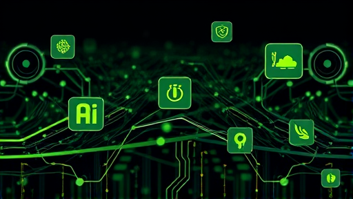 abstract animated logo icons floating above AI neural network background, green accent palette, sophisticated illustration for branding, no text