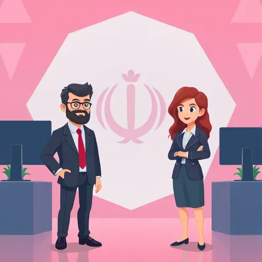 modern AI art illustration with two animated characters, geometric background, Iranian color scheme, high-tech cartoon style, text-free