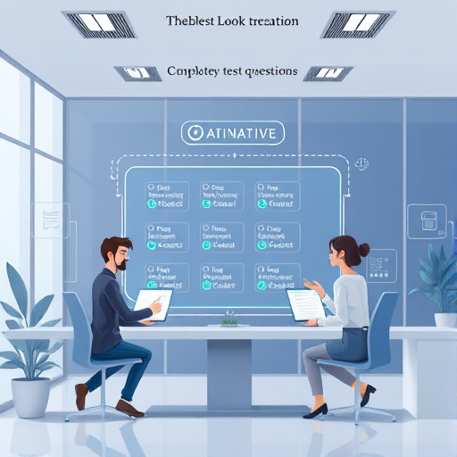 illustration, AI system automatically generating multiple-choice test questions on a digital interface, animated design, high-tech look, no text