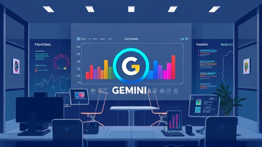 modern AI dashboard illustration, animated Gemini logo at the center, vibrant tech colors, abstract digital background, no text